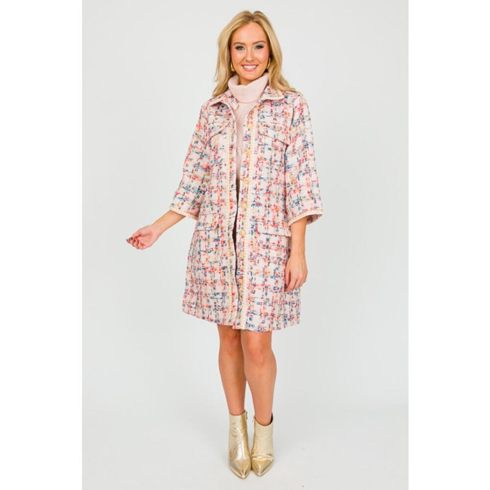 Easel Tweed Belted Shirt Dress/Coat, Teal Blush - Picture 5 of 11